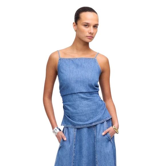 Madewell Airy Denim Ruched Cami Tank Top Smocked Back Blue NWT Size 6 - Picture 1 of 9